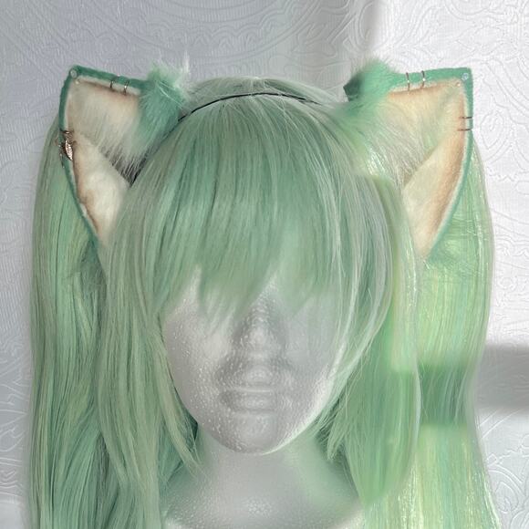 Little Luxies Sage Green Cat Ears and Tail Set Realistic Nekomimi Headband - Picture 7 of 8